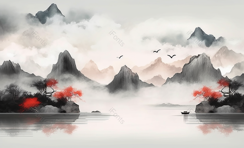 中国风国风新中式彩色水墨山水画平静的湖泊远处飞鸟飞过山峰云雾背景插画,插画/手绘图,插画/手绘图库,插画/手绘图下载,插画/手绘